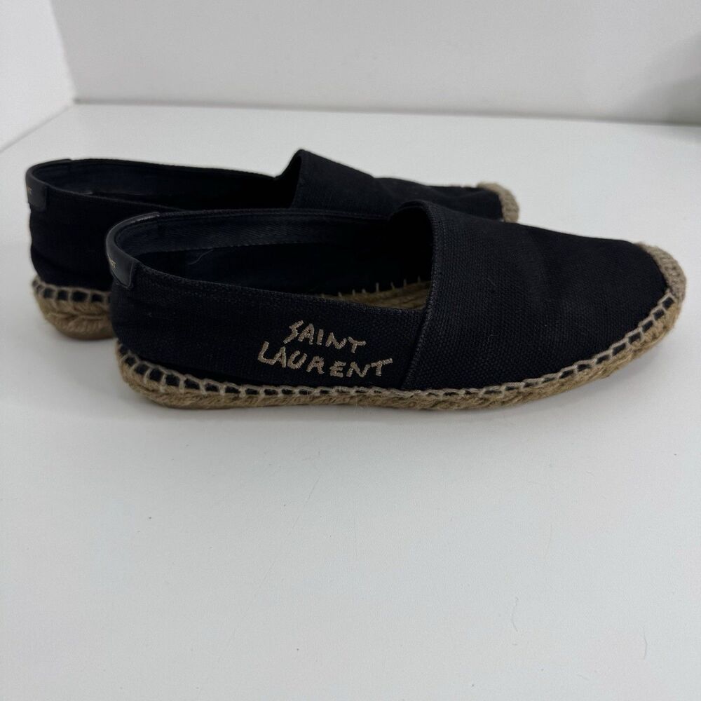 Saint Laurent Women Black Canvas Espadrilles Spell Out Stitched Slip On Sz 36.5